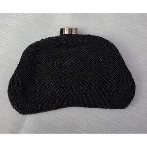 Vintage Black Hand Beaded Evening Bag Purse Clutch Belgium w/ Original Mirror
